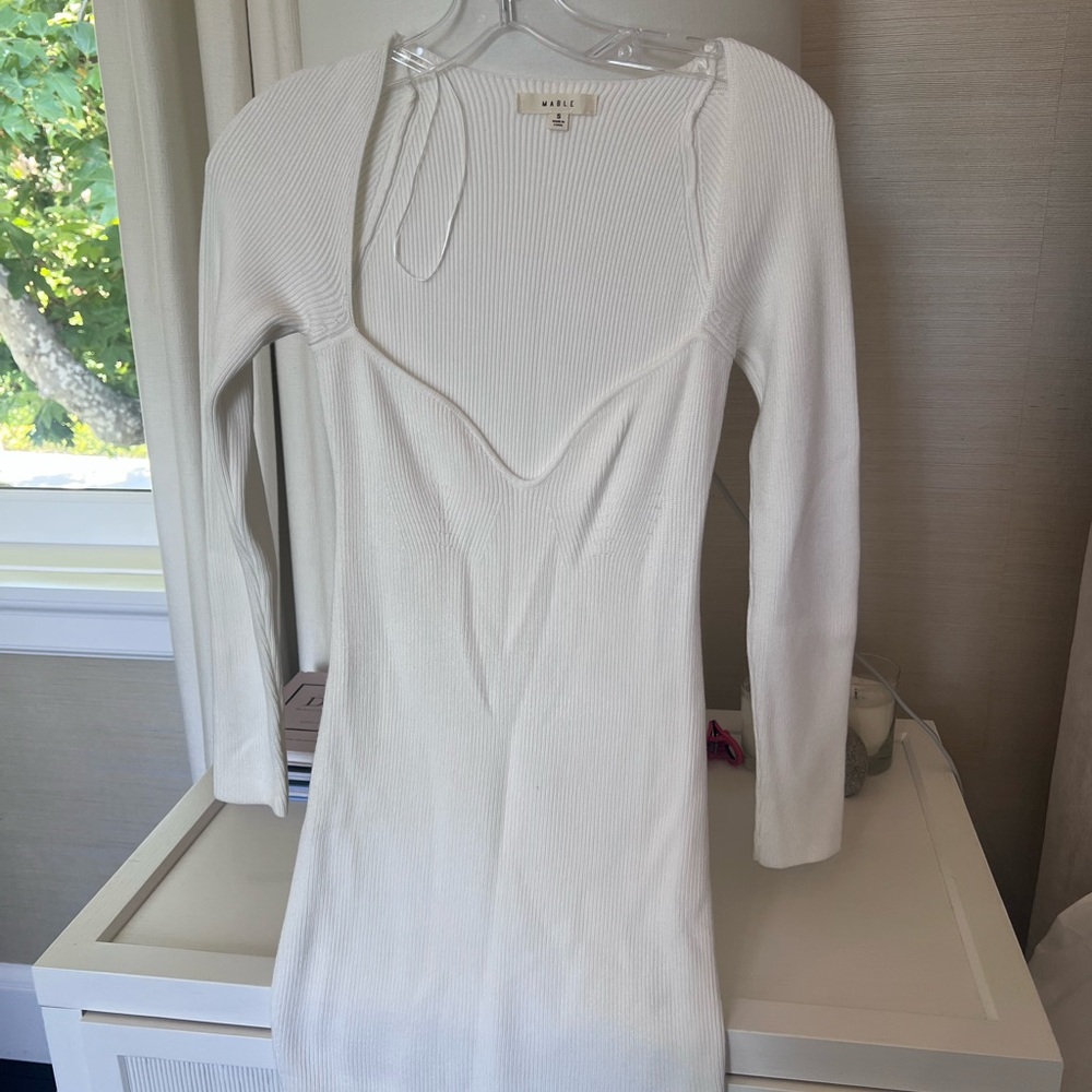 White Long Sleeve Ribbed Dress